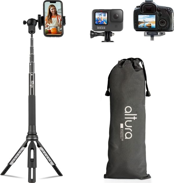 Altura Photo Phone Tripod 55" - Works as GoPro Tripod, GoPro Selfie Stick & Camera Monopod - Cell Phone Tripod Stand with 360 Rotating Head - Tripod for iPhone with Carrying Case, Great for Travel