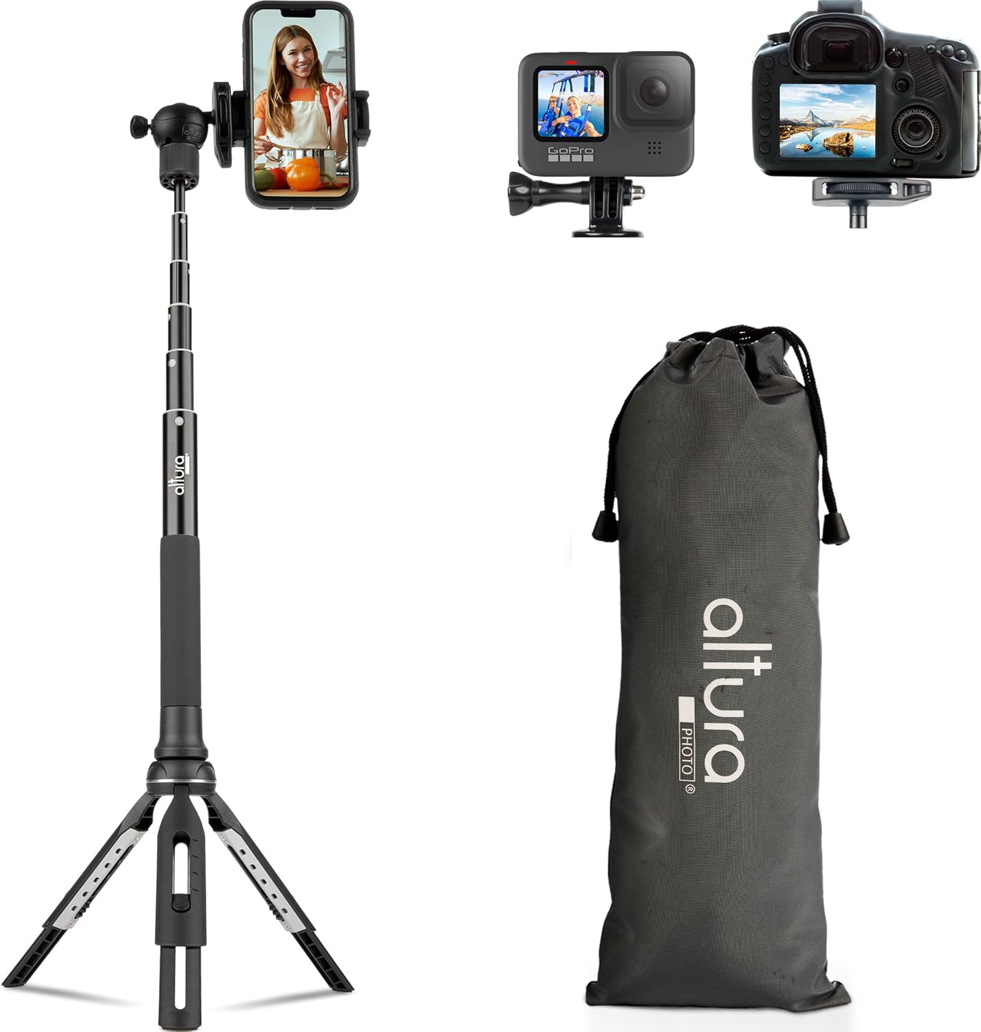 Altura Photo Phone Tripod 55" - Works as GoPro Tripod, GoPro Selfie Stick & Camera Monopod - Cell Phone Tripod Stand with 360 Rotating Head - Tripod for iPhone with Carrying Case, Great for Travel