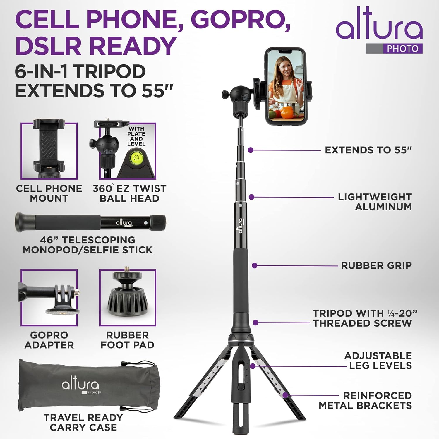 Altura Photo Phone Tripod 55" - Works as GoPro Tripod, GoPro Selfie Stick & Camera Monopod - Cell Phone Tripod Stand with 360 Rotating Head - Tripod for iPhone with Carrying Case, Great for Travel - Image 2