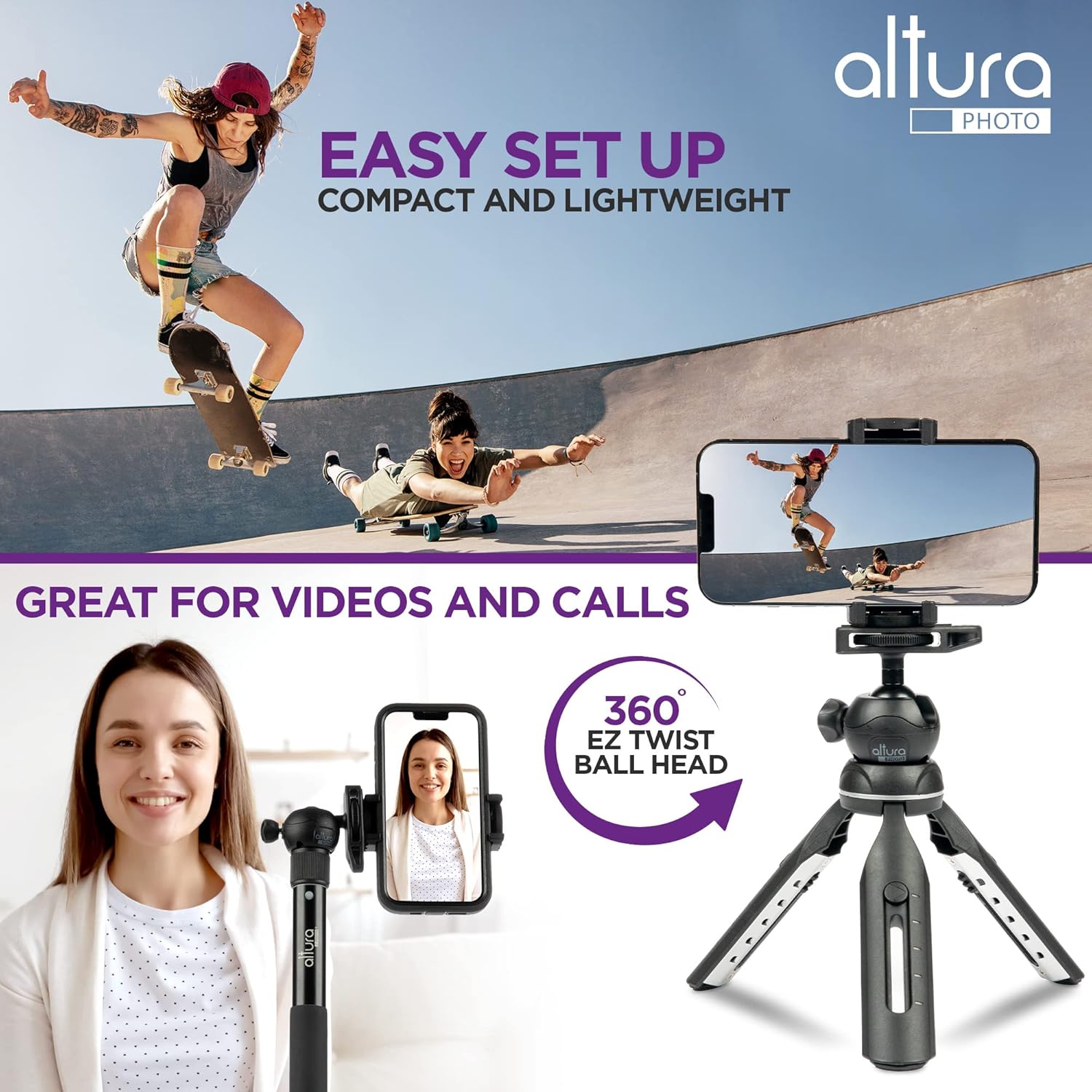 Altura Photo Phone Tripod 55" - Works as GoPro Tripod, GoPro Selfie Stick & Camera Monopod - Cell Phone Tripod Stand with 360 Rotating Head - Tripod for iPhone with Carrying Case, Great for Travel - Image 3