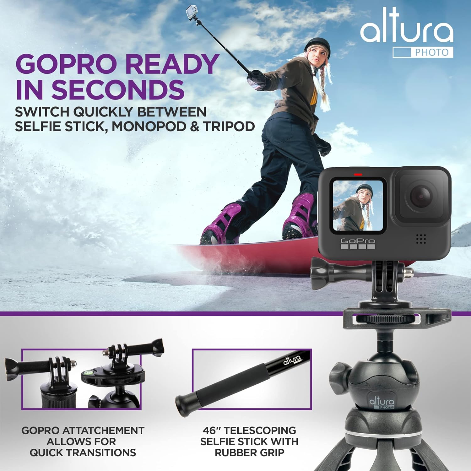 Altura Photo Phone Tripod 55" - Works as GoPro Tripod, GoPro Selfie Stick & Camera Monopod - Cell Phone Tripod Stand with 360 Rotating Head - Tripod for iPhone with Carrying Case, Great for Travel - Image 4