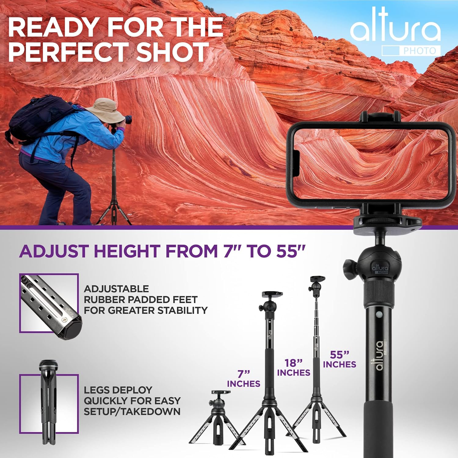 Altura Photo Phone Tripod 55" - Works as GoPro Tripod, GoPro Selfie Stick & Camera Monopod - Cell Phone Tripod Stand with 360 Rotating Head - Tripod for iPhone with Carrying Case, Great for Travel - Image 5
