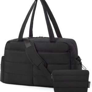 Travel Duffle Bag Gym Bag for Women, 31L Puffer Tote Bag Quilted Laptop Carry on, Weekender Overnight Bag Organizer Duffel Bag for Travel, Black