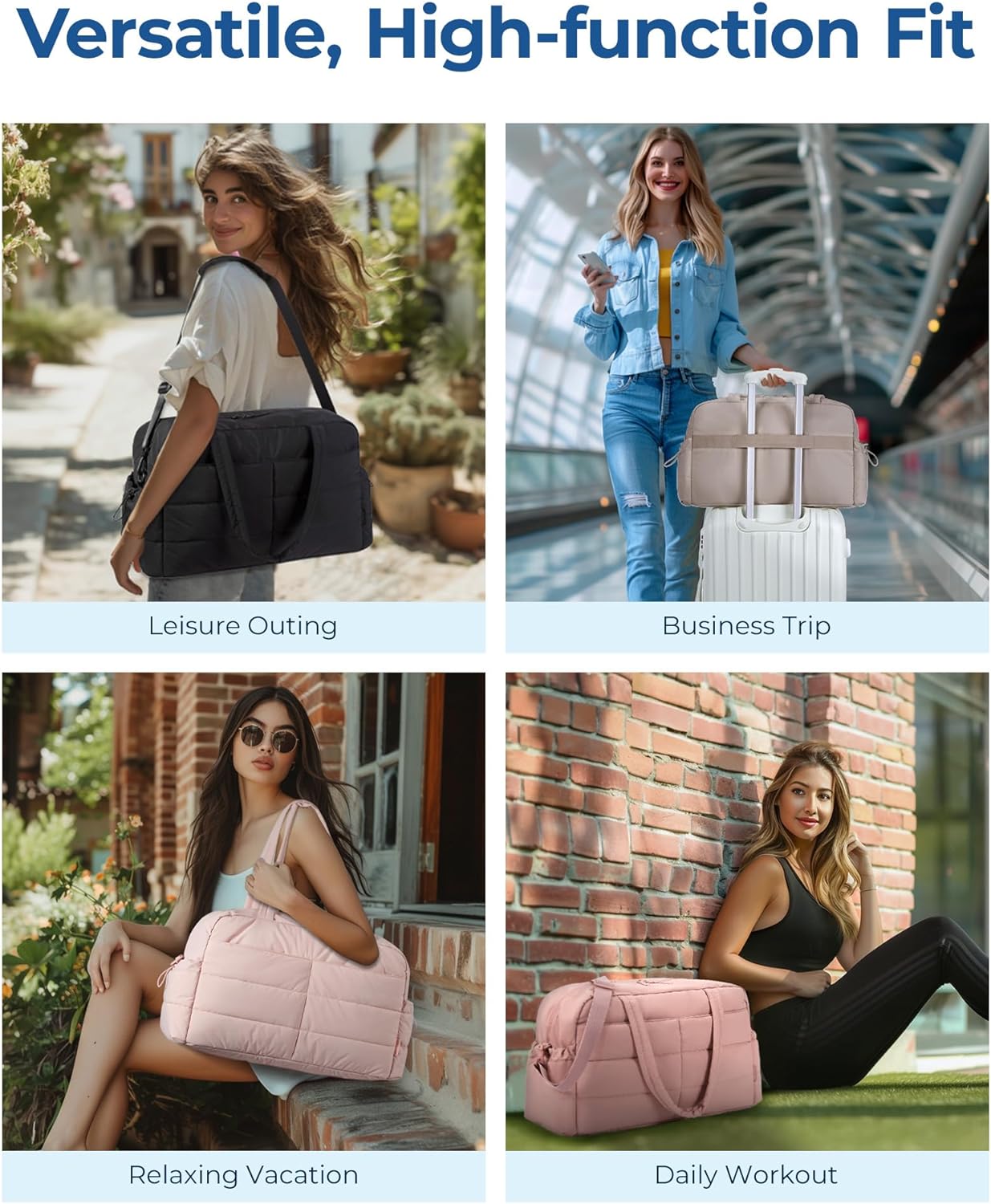 Travel Duffle Bag Gym Bag for Women, 31L Puffer Tote Bag Quilted Laptop Carry on, Weekender Overnight Bag Organizer Duffel Bag for Travel, Black - Image 2