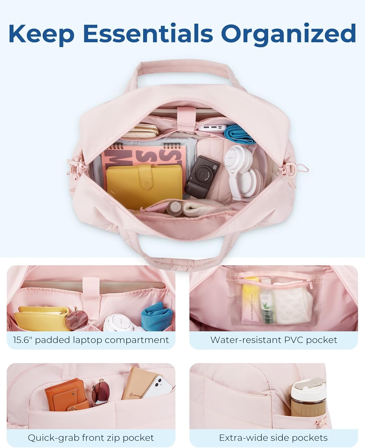 Travel Duffle Bag Gym Bag for Women, 31L Puffer Tote Bag Quilted Laptop Carry on, Weekender Overnight Bag Organizer Duffel Bag for Travel, Black - Image 3