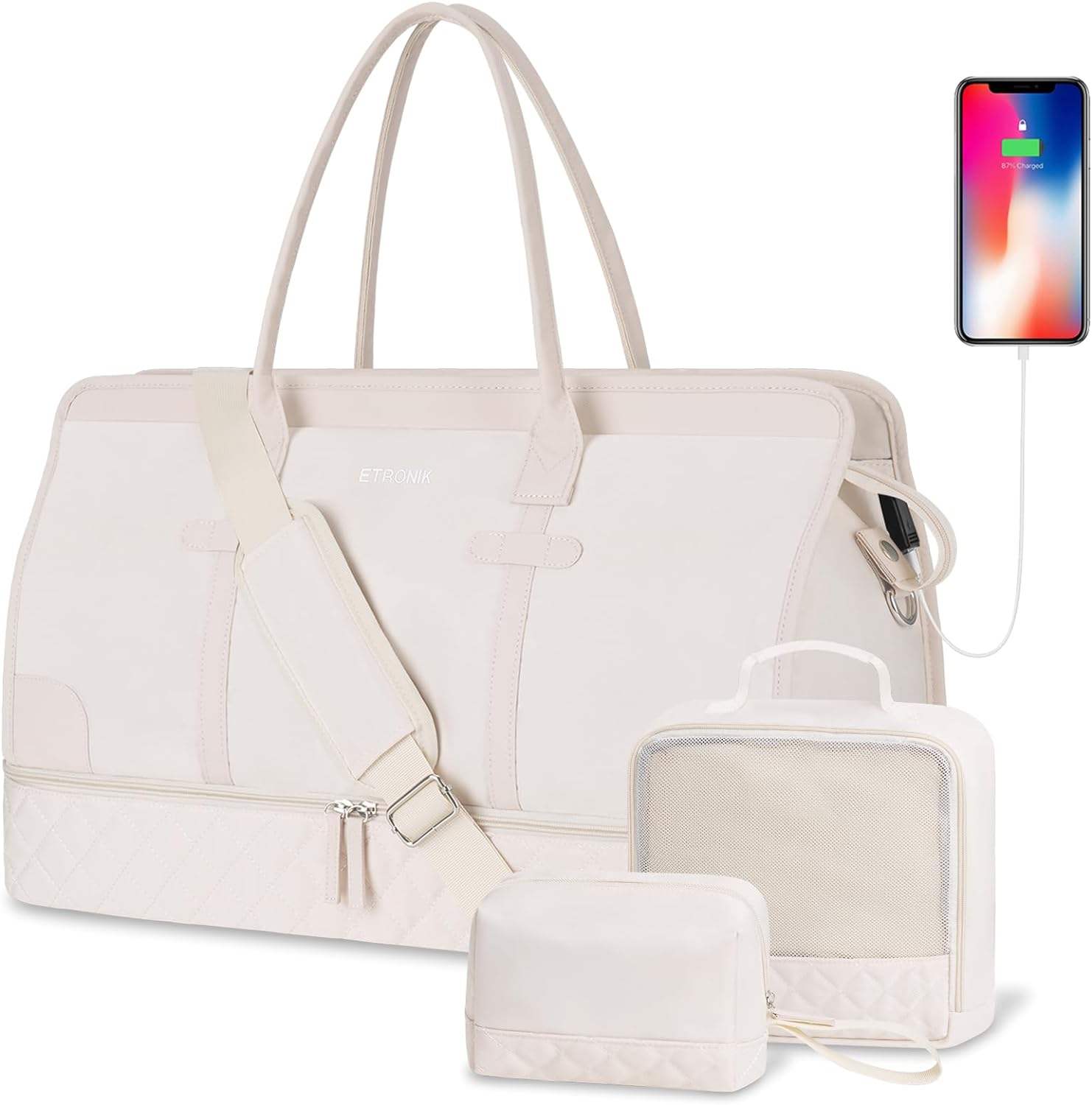 Weekender Overnight Bags for Women, Large Travel Duffle Bags with Shoe Compartment & Wet Pocket, Carry On Tote Bag Gym Duffel Bag with Toiletry Bags for Hospital 3 Pcs Set, Large Size, Beige