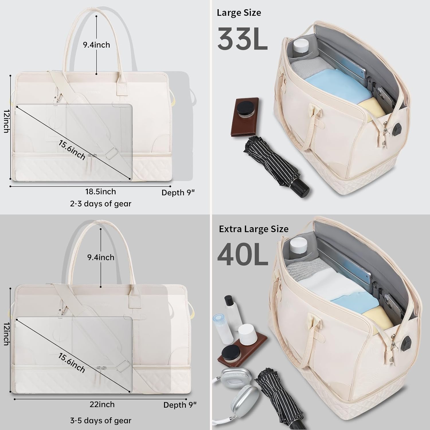 Weekender Overnight Bags for Women, Large Travel Duffle Bags with Shoe Compartment & Wet Pocket, Carry On Tote Bag Gym Duffel Bag with Toiletry Bags for Hospital 3 Pcs Set, Large Size, Beige - Image 2