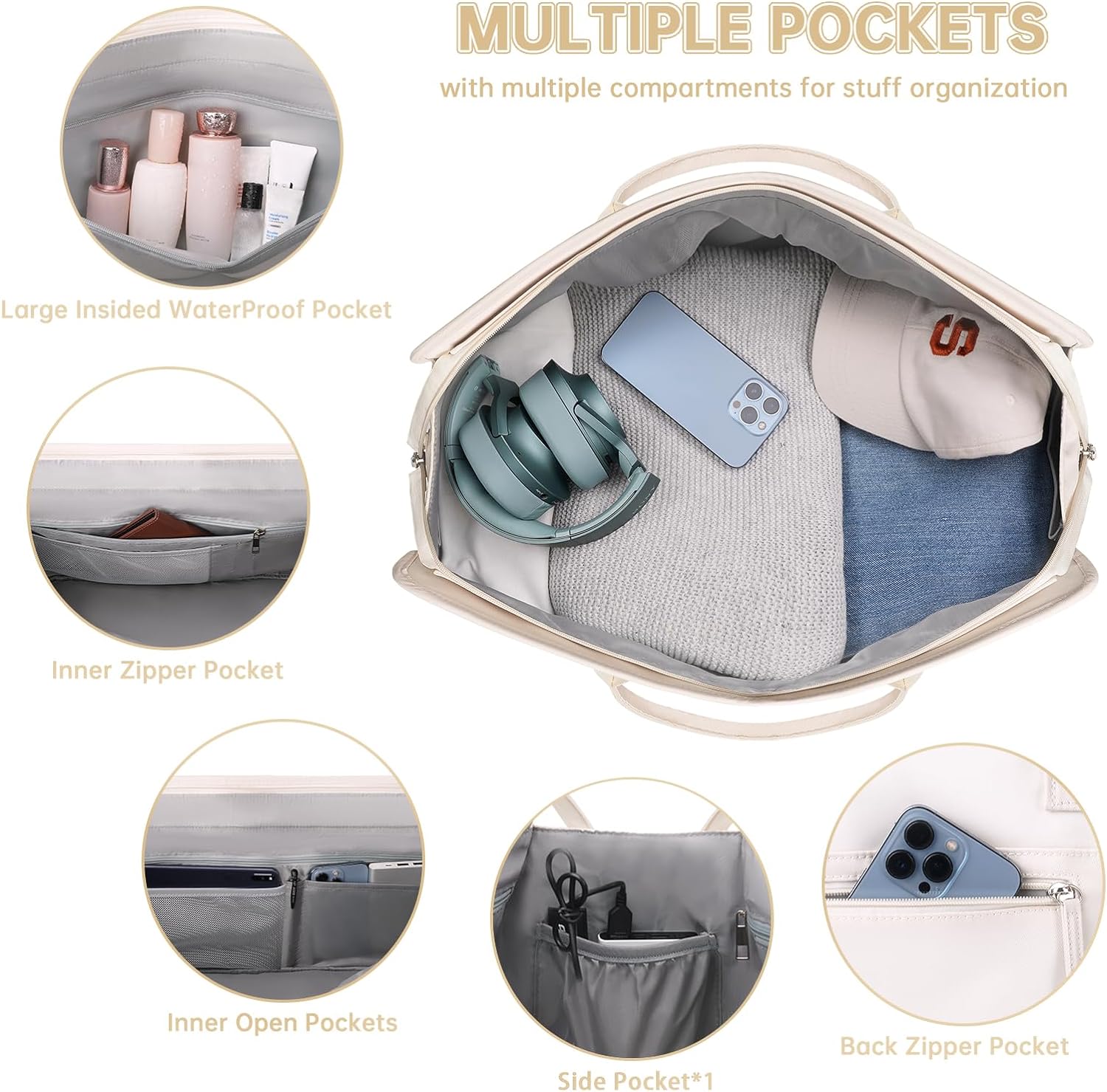 Weekender Overnight Bags for Women, Large Travel Duffle Bags with Shoe Compartment & Wet Pocket, Carry On Tote Bag Gym Duffel Bag with Toiletry Bags for Hospital 3 Pcs Set, Large Size, Beige - Image 4