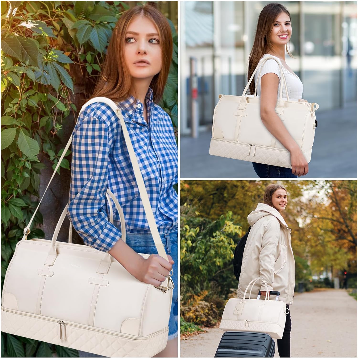 Weekender Overnight Bags for Women, Large Travel Duffle Bags with Shoe Compartment & Wet Pocket, Carry On Tote Bag Gym Duffel Bag with Toiletry Bags for Hospital 3 Pcs Set, Large Size, Beige - Image 6