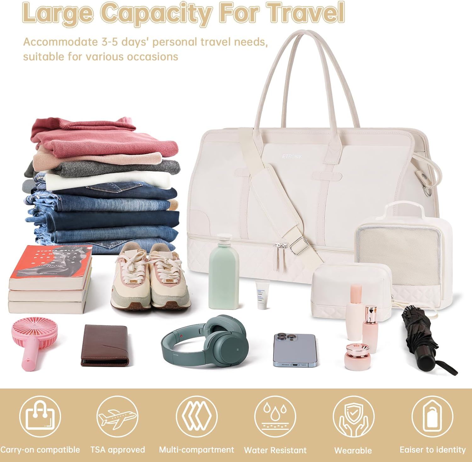 Weekender Overnight Bags for Women, Large Travel Duffle Bags with Shoe Compartment & Wet Pocket, Carry On Tote Bag Gym Duffel Bag with Toiletry Bags for Hospital 3 Pcs Set, Large Size, Beige - Image 7