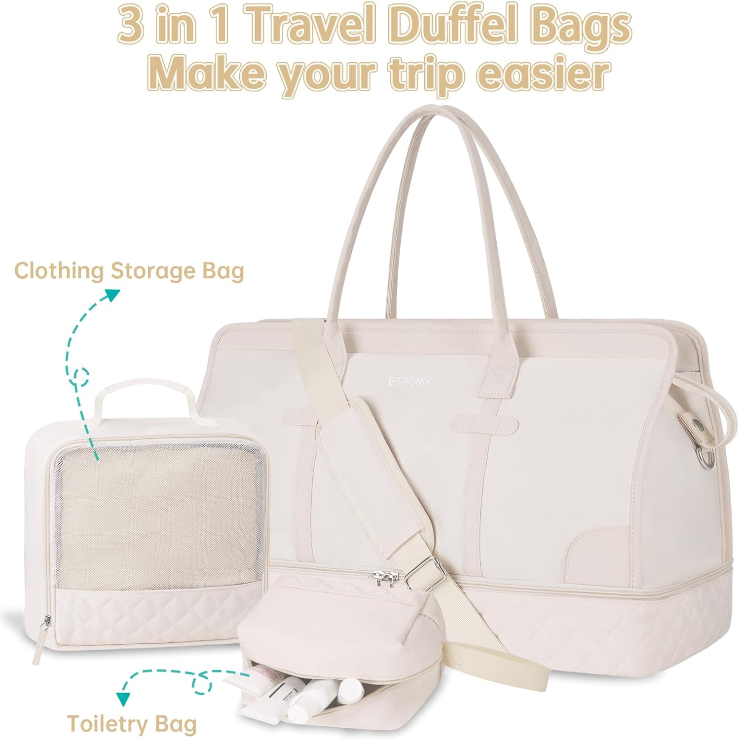 Weekender Overnight Bags for Women, Large Travel Duffle Bags with Shoe Compartment & Wet Pocket, Carry On Tote Bag Gym Duffel Bag with Toiletry Bags for Hospital 3 Pcs Set, Large Size, Beige - Image 8