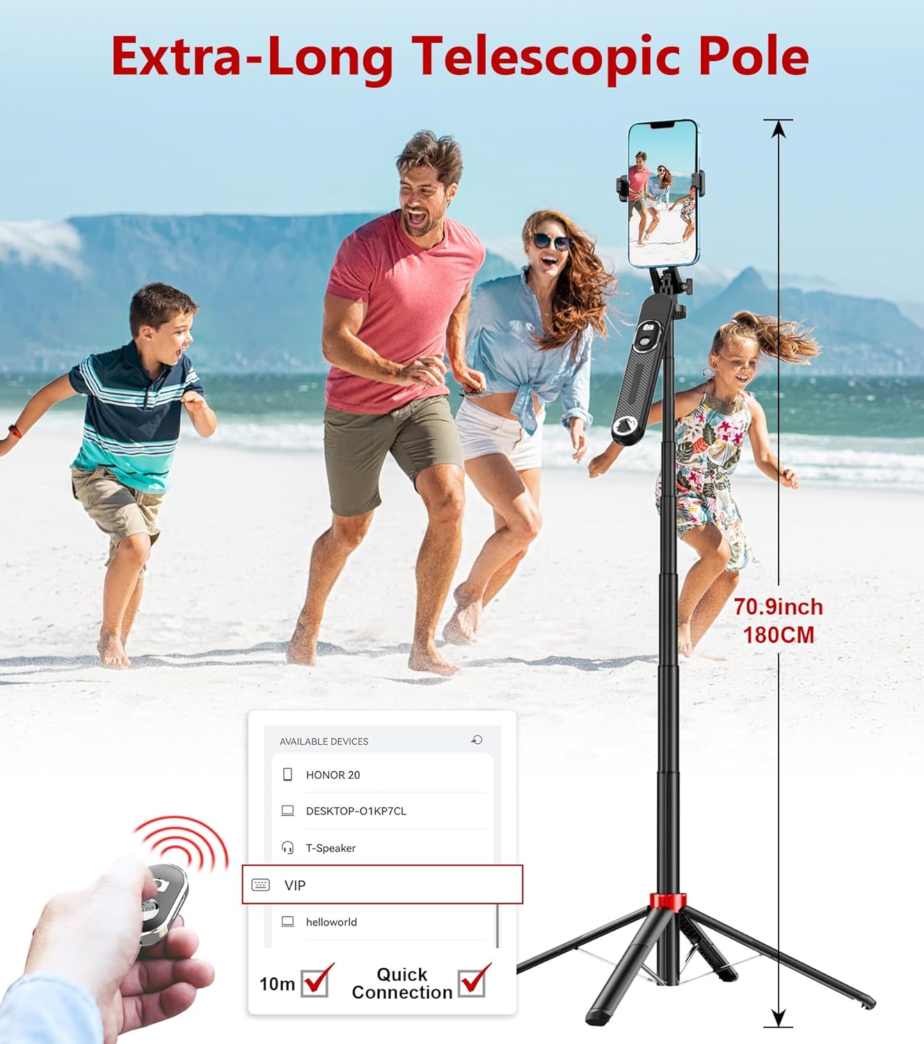 Huryfox Selfie Stick Phone Tripod - 71 inch Tall Cell Phone Holder with Detachable Wireless Remote, Phone Stand for Recording, Video and Picture, Compatible with iPhone, Android Phone, Camera & Gopro - Image 5