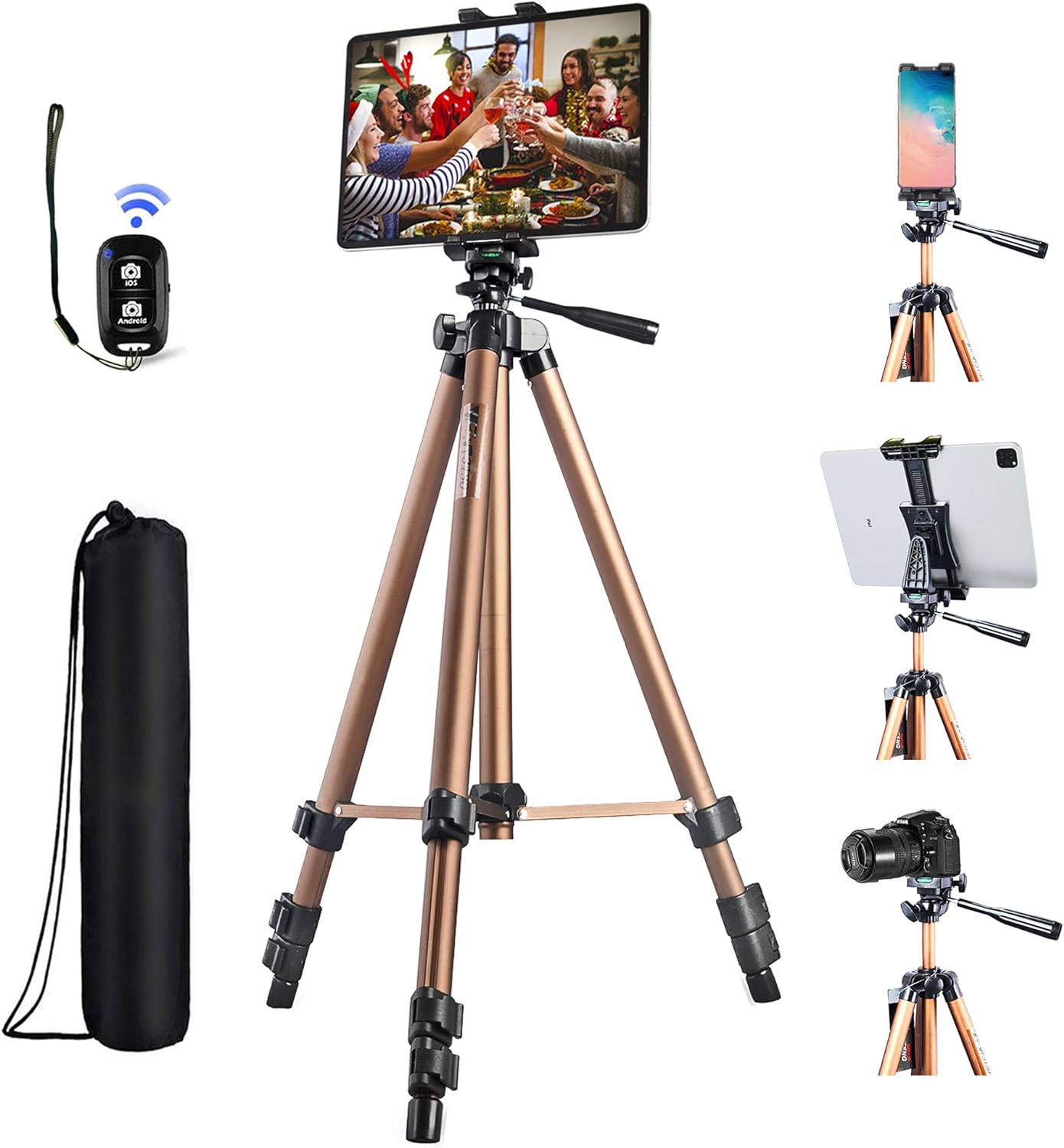 IPad Tripod Stand Universal Tablet Phone Mount Holder 51in Lightweight with Bluetooth Remote for iPad Pro 12.9 11 10.5,iPad Air Mini,Surface Tab,Galaxy Tab and 3.5 to 13.5in iPhone Tablet - Champagne