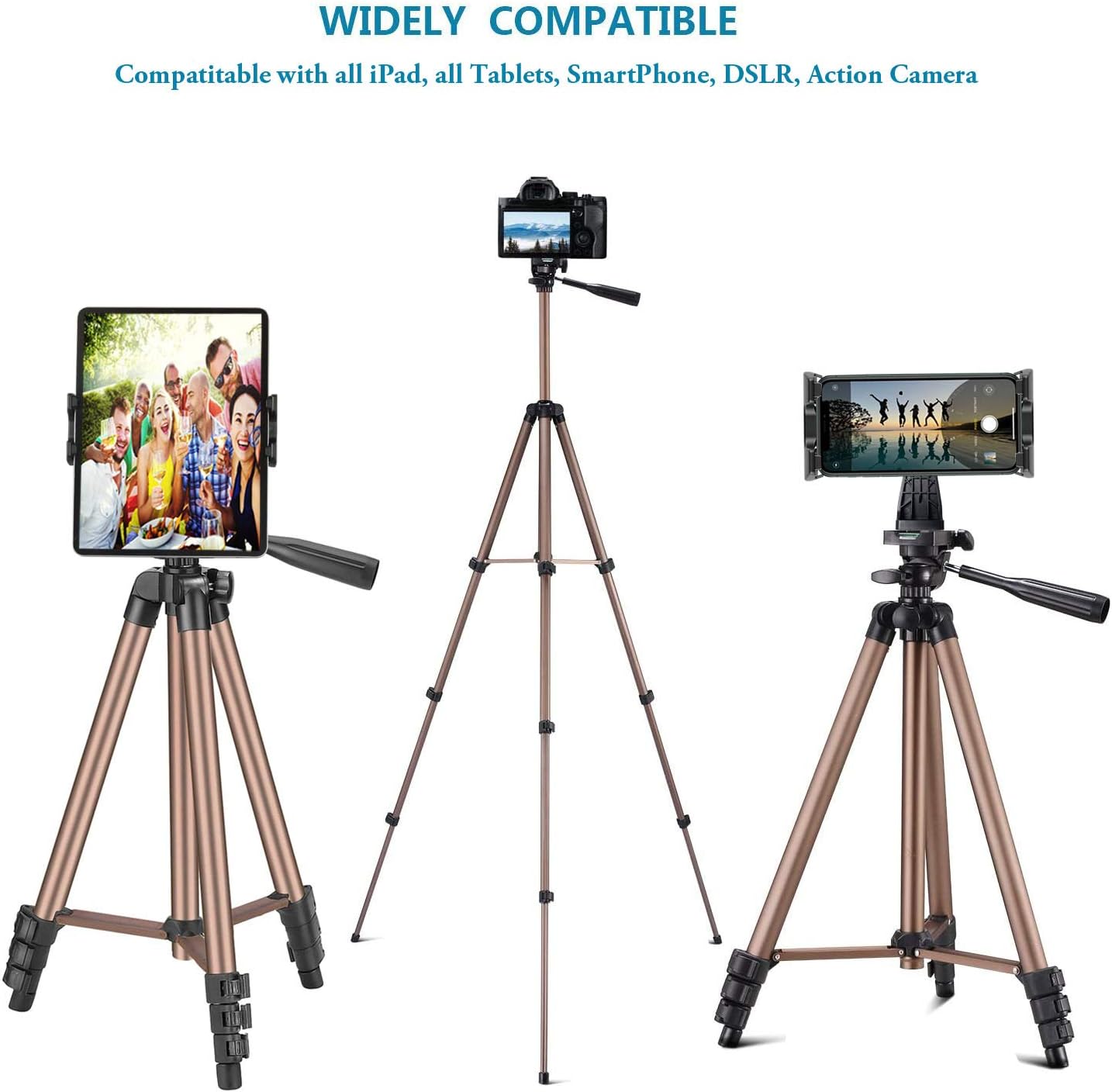 IPad Tripod Stand Universal Tablet Phone Mount Holder 51in Lightweight with Bluetooth Remote for iPad Pro 12.9 11 10.5,iPad Air Mini,Surface Tab,Galaxy Tab and 3.5 to 13.5in iPhone Tablet - Champagne - Image 2