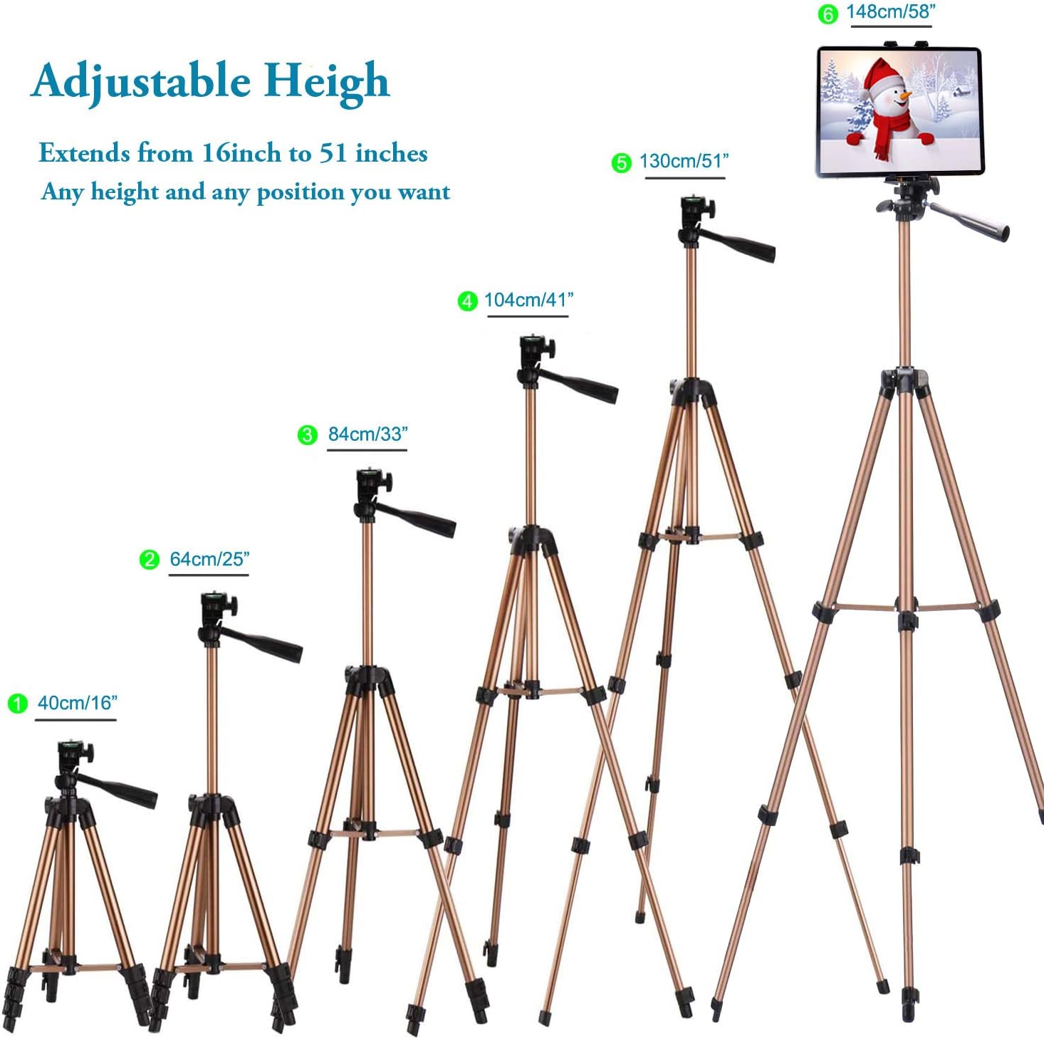 IPad Tripod Stand Universal Tablet Phone Mount Holder 51in Lightweight with Bluetooth Remote for iPad Pro 12.9 11 10.5,iPad Air Mini,Surface Tab,Galaxy Tab and 3.5 to 13.5in iPhone Tablet - Champagne - Image 3