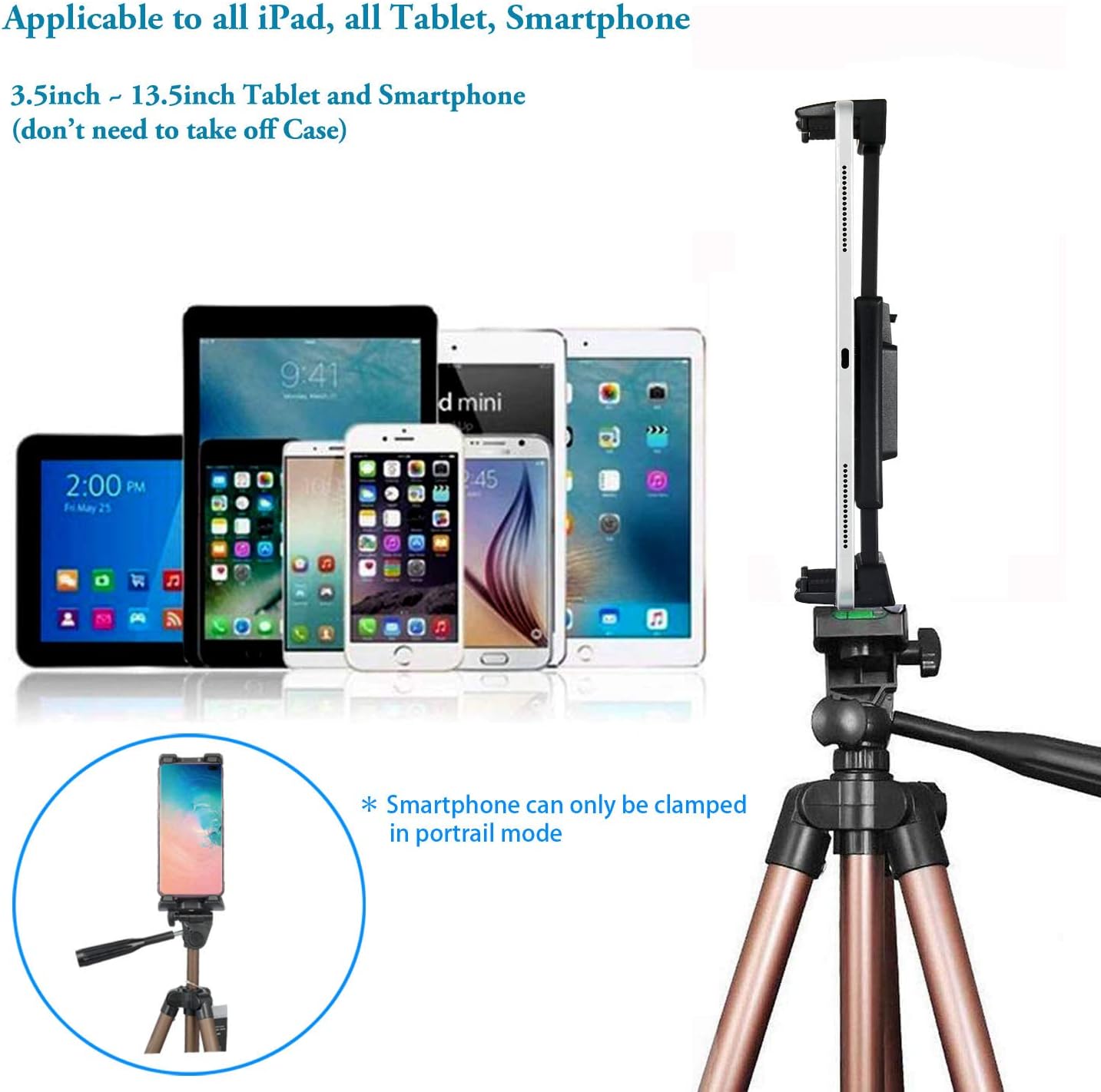 IPad Tripod Stand Universal Tablet Phone Mount Holder 51in Lightweight with Bluetooth Remote for iPad Pro 12.9 11 10.5,iPad Air Mini,Surface Tab,Galaxy Tab and 3.5 to 13.5in iPhone Tablet - Champagne - Image 4