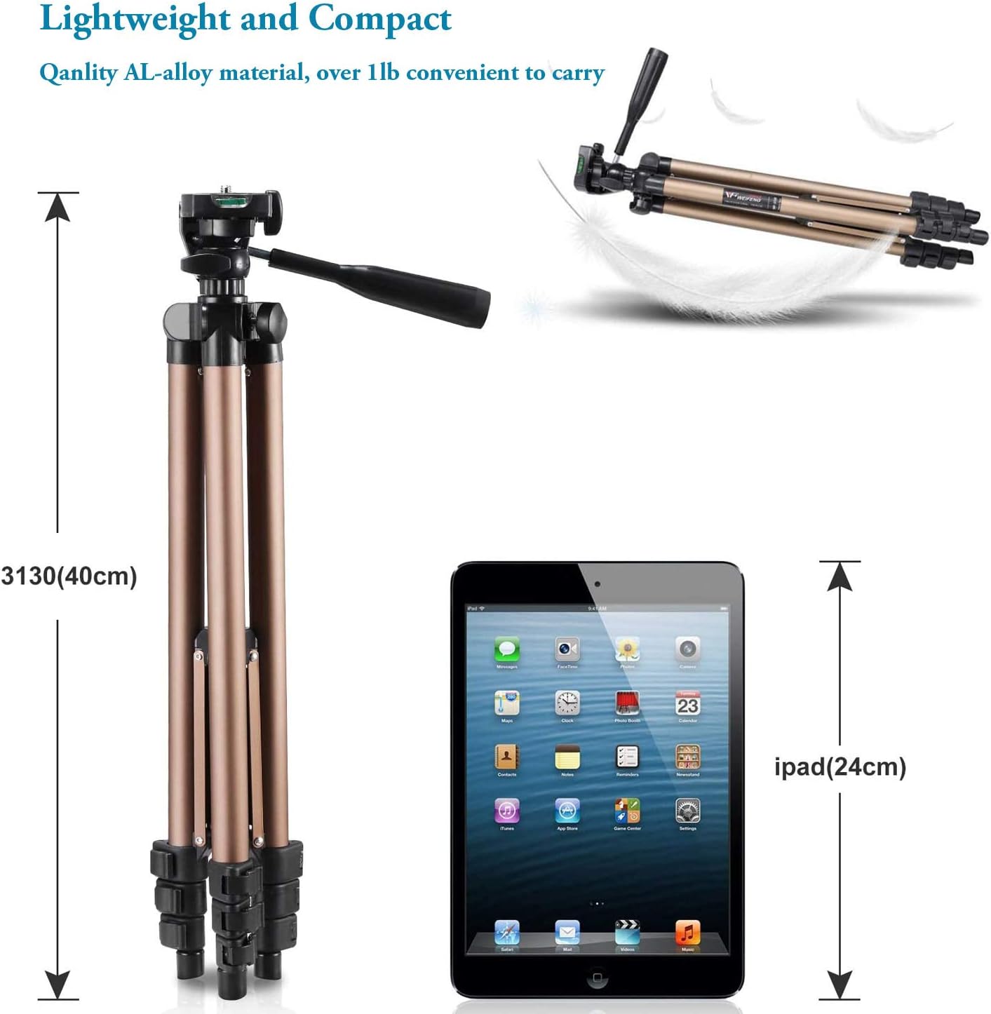 IPad Tripod Stand Universal Tablet Phone Mount Holder 51in Lightweight with Bluetooth Remote for iPad Pro 12.9 11 10.5,iPad Air Mini,Surface Tab,Galaxy Tab and 3.5 to 13.5in iPhone Tablet - Champagne - Image 7