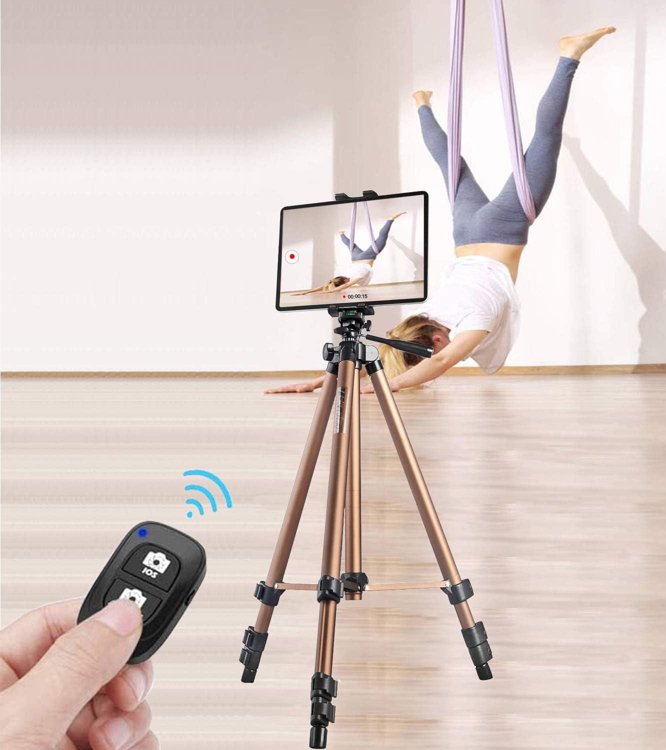 IPad Tripod Stand Universal Tablet Phone Mount Holder 51in Lightweight with Bluetooth Remote for iPad Pro 12.9 11 10.5,iPad Air Mini,Surface Tab,Galaxy Tab and 3.5 to 13.5in iPhone Tablet - Champagne - Image 9