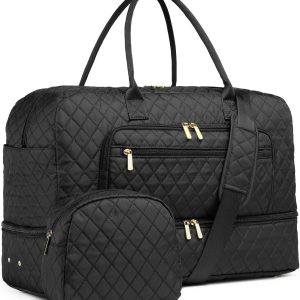 Large Women Travel Duffle Bag - Carry on Overnight Bag Weekend Travel Duffel Tote Bag Yoga Gym Bag with Wet Pocket Toiletry Weekender Overnight Bag for Travel Business Trips Sport Hospital Black