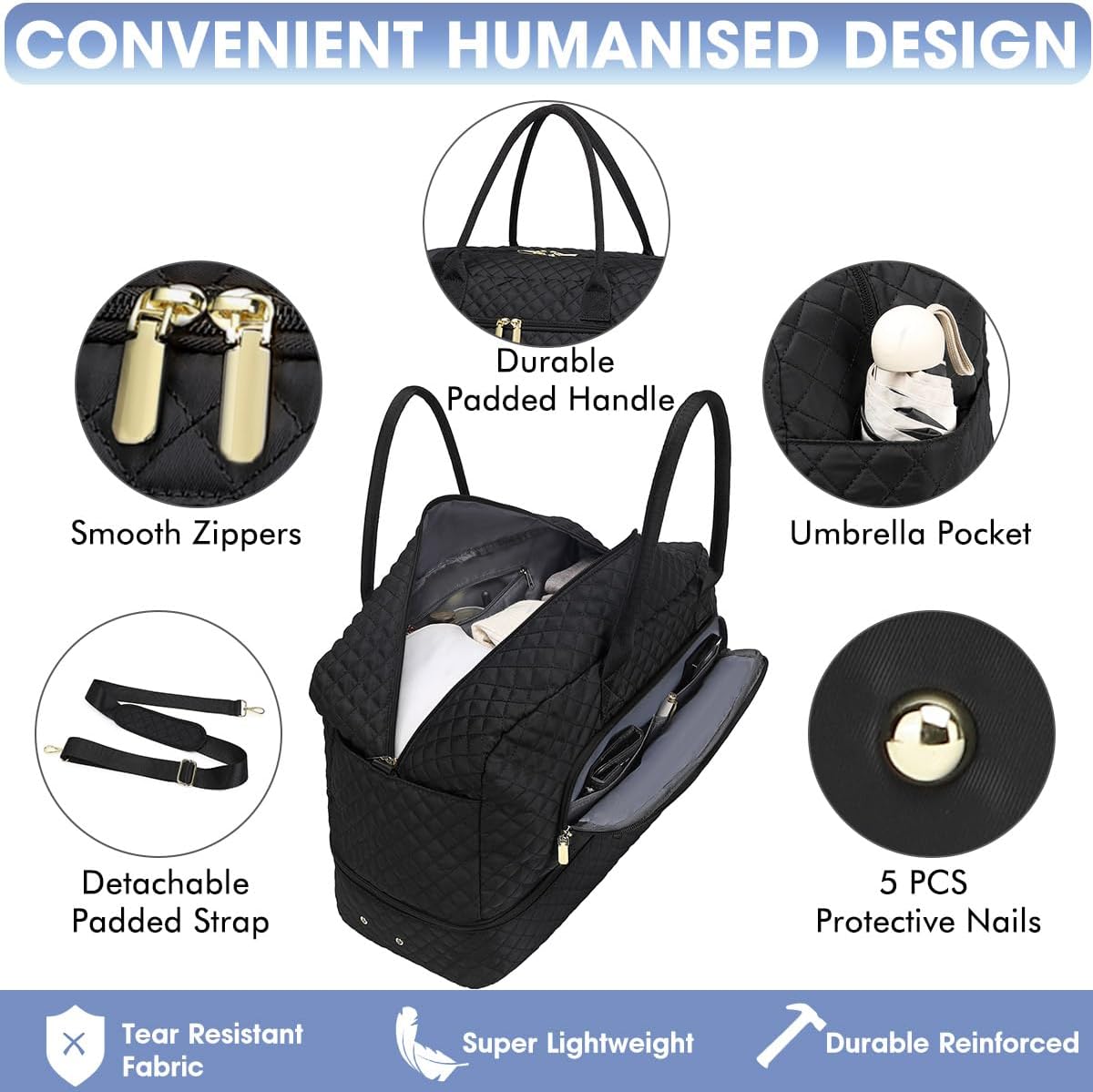 Large Women Travel Duffle Bag - Carry on Overnight Bag Weekend Travel Duffel Tote Bag Yoga Gym Bag with Wet Pocket Toiletry Weekender Overnight Bag for Travel Business Trips Sport Hospital Black - Image 3