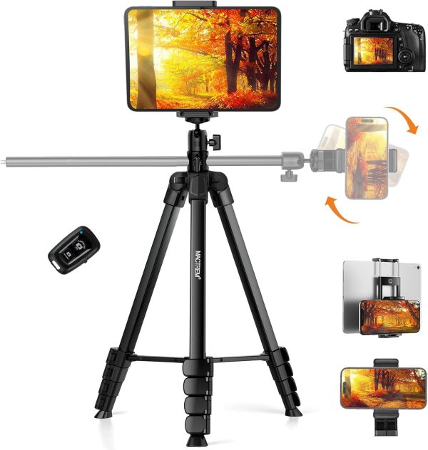 MACTREM Phone Tripod with Selfie Stick, 70" Horizontal Overhead Tripod for iPhone iPad, Camera Tripod Stand with Wireless Remote for Video Recording/Selfies/Live Stream/Vlogging