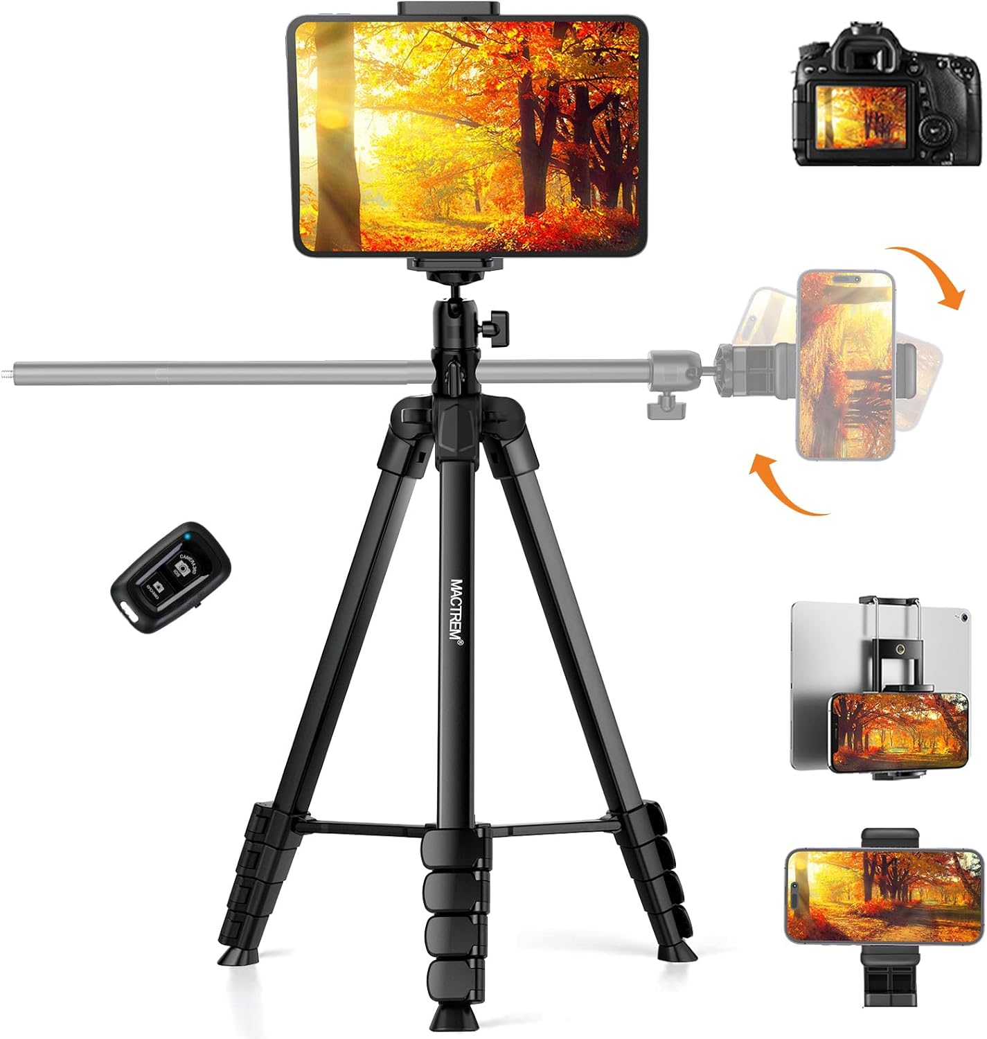 MACTREM Phone Tripod with Selfie Stick, 70" Horizontal Overhead Tripod for iPhone iPad, Camera Tripod Stand with Wireless Remote for Video Recording/Selfies/Live Stream/Vlogging
