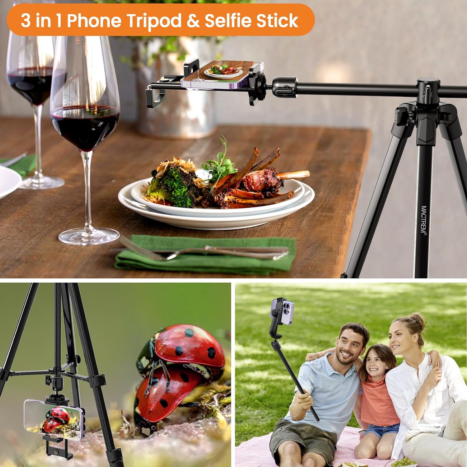 MACTREM Phone Tripod with Selfie Stick, 70" Horizontal Overhead Tripod for iPhone iPad, Camera Tripod Stand with Wireless Remote for Video Recording/Selfies/Live Stream/Vlogging - Image 3