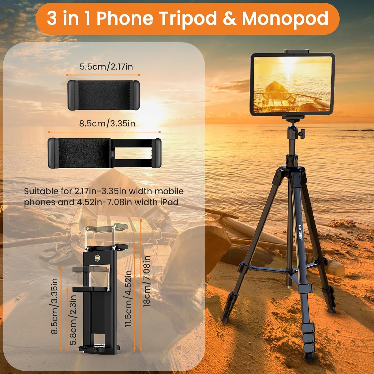 MACTREM Phone Tripod with Selfie Stick, 70" Horizontal Overhead Tripod for iPhone iPad, Camera Tripod Stand with Wireless Remote for Video Recording/Selfies/Live Stream/Vlogging - Image 5