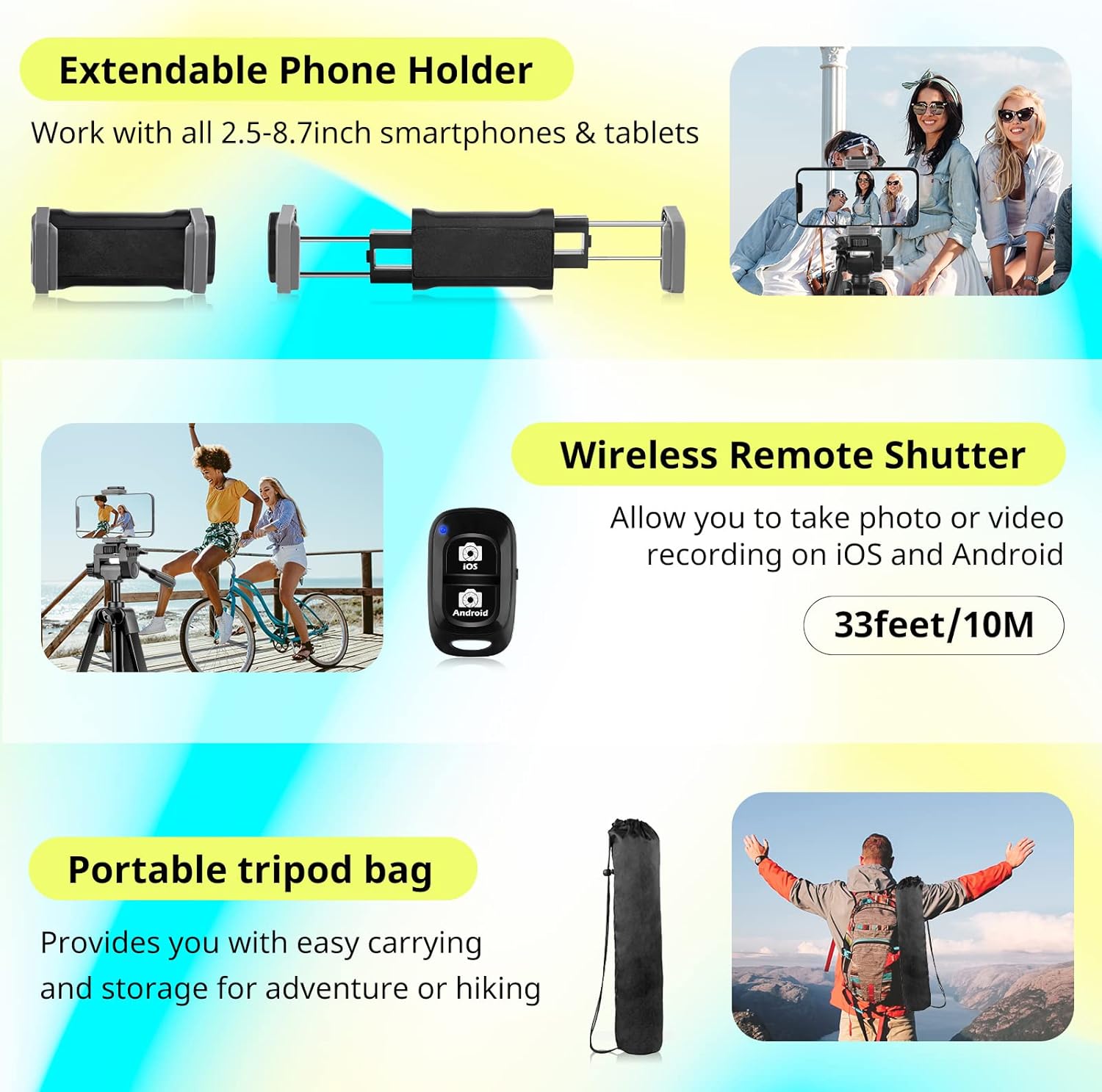 Sensyne 64" Camera Tripod Stand, Versatile Phone & iPad Tripod with Wireless Remote and 2-in-1 Phone Holder for Selfie/Video Recording/Photo/Live Stream/Vlog - Image 5