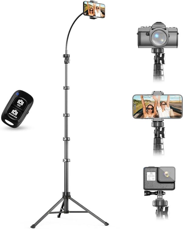 UBeesize 88’’ Flexible Phone Tripod with 14.95’’ Gooseneck, Remote and Phone Holder, Overhead Cell Phone Stand&Selfie Stick for Video Recording, Compatible with iPhone Android Phone, Camera Black