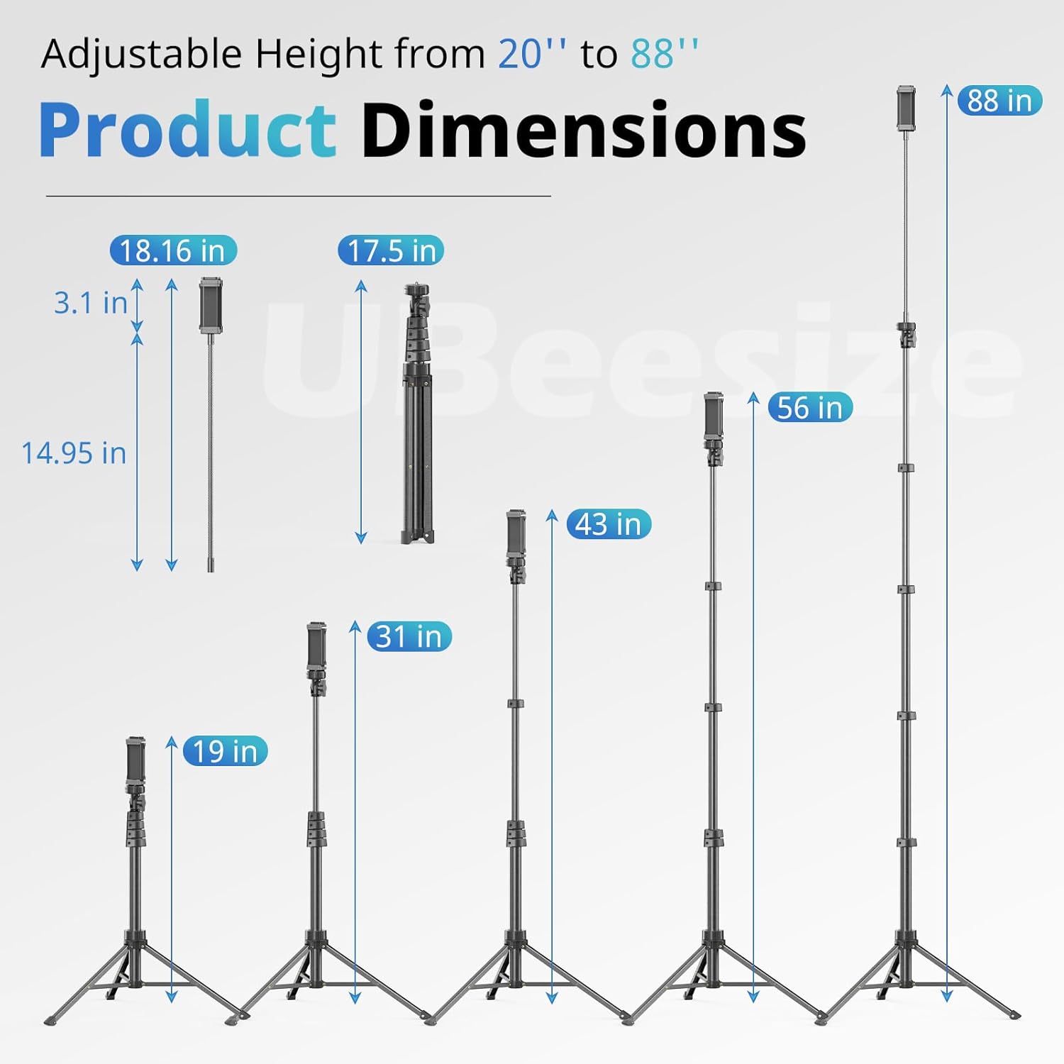 UBeesize 88’’ Flexible Phone Tripod with 14.95’’ Gooseneck, Remote and Phone Holder, Overhead Cell Phone Stand&Selfie Stick for Video Recording, Compatible with iPhone Android Phone, Camera Black - Image 2